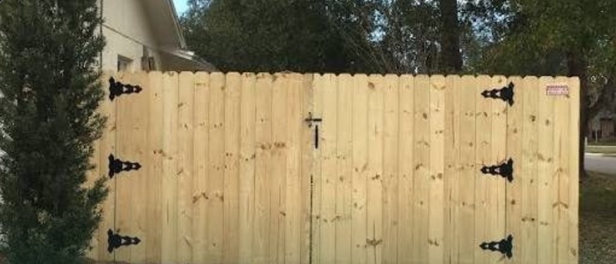 Wood double drive gate with X-bracing on a cedar fence line