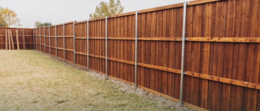 Stained cedar privacy fence line on steel posts